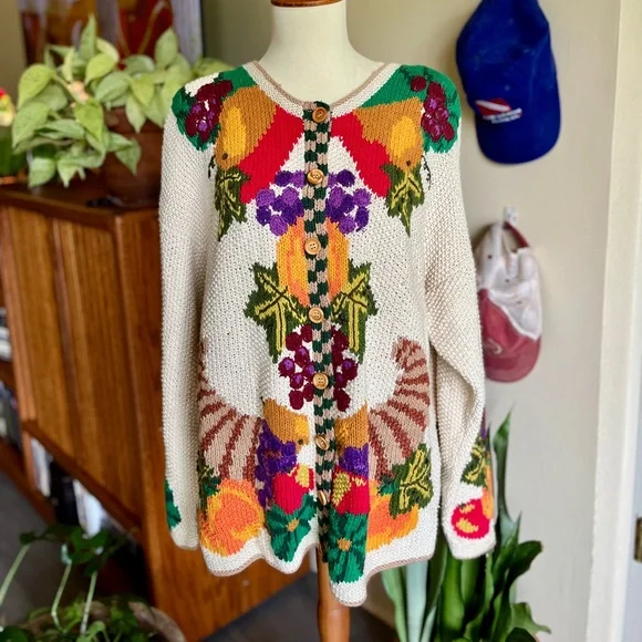 ☾ Vintage RARE hand-knit harvest scene fall graphic cardigan (cotton / ramie) - Picture 1 of 8